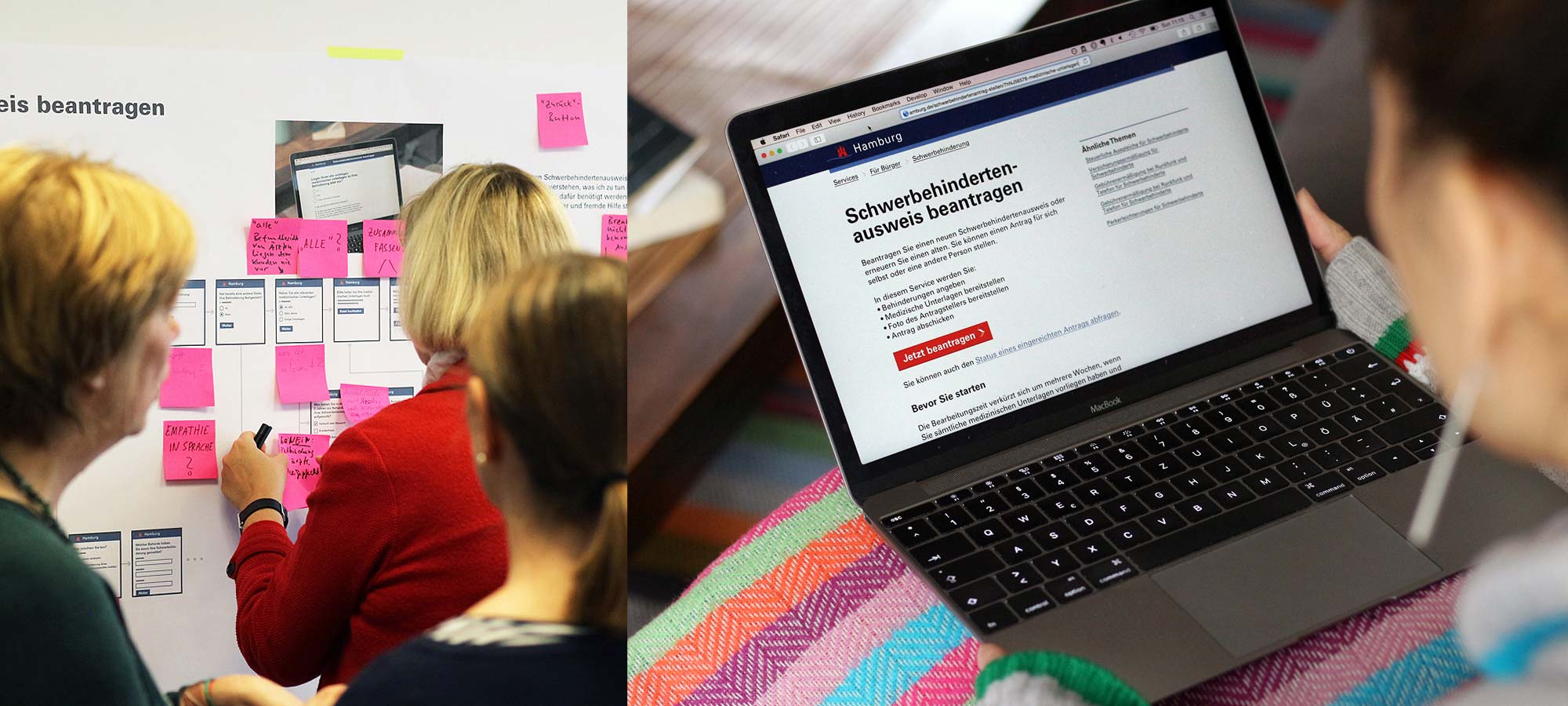 Three women in a workshop leaving feedback on a service flow, one person sitting in front of a laptop with a Hamburg digital service