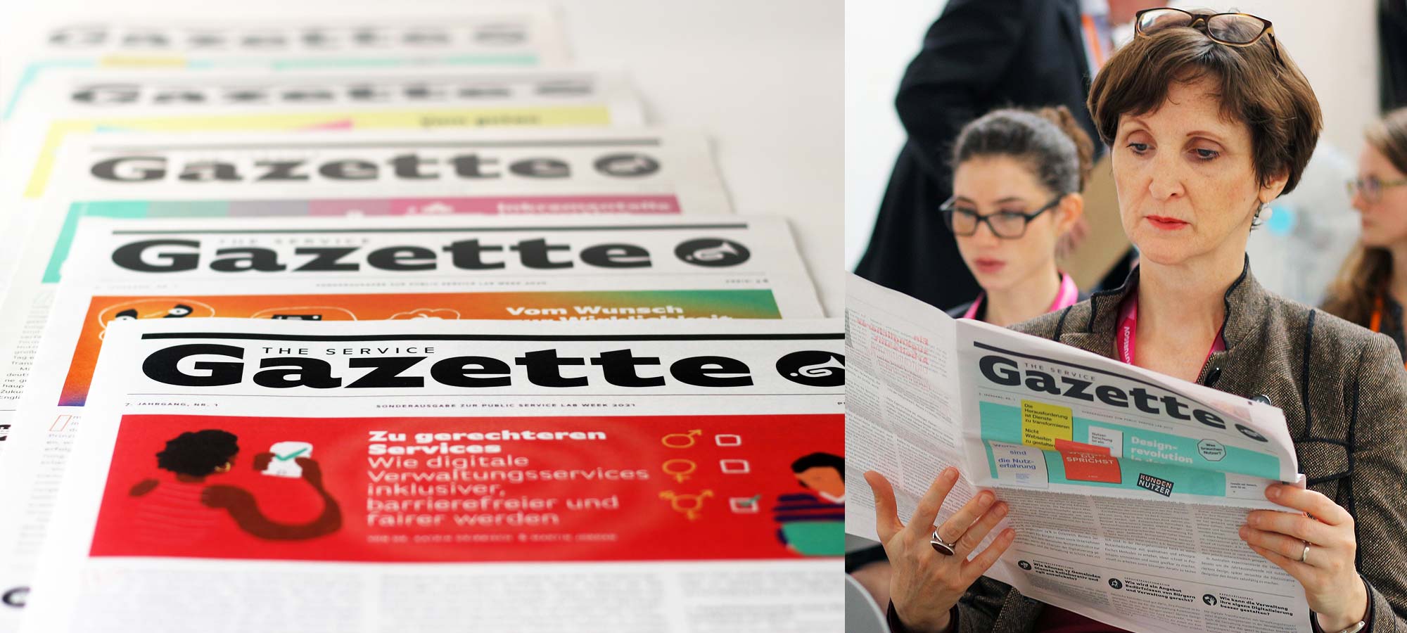 A pile of printed newspapers and a middle-aged woman reading a copy of it