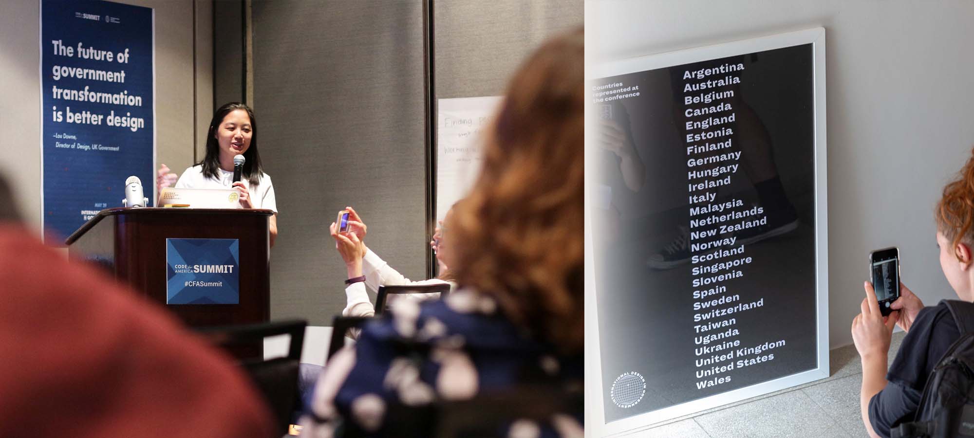 A woman speaking at a community conference, a young woman taking a picture of a long list of countries represented in the community