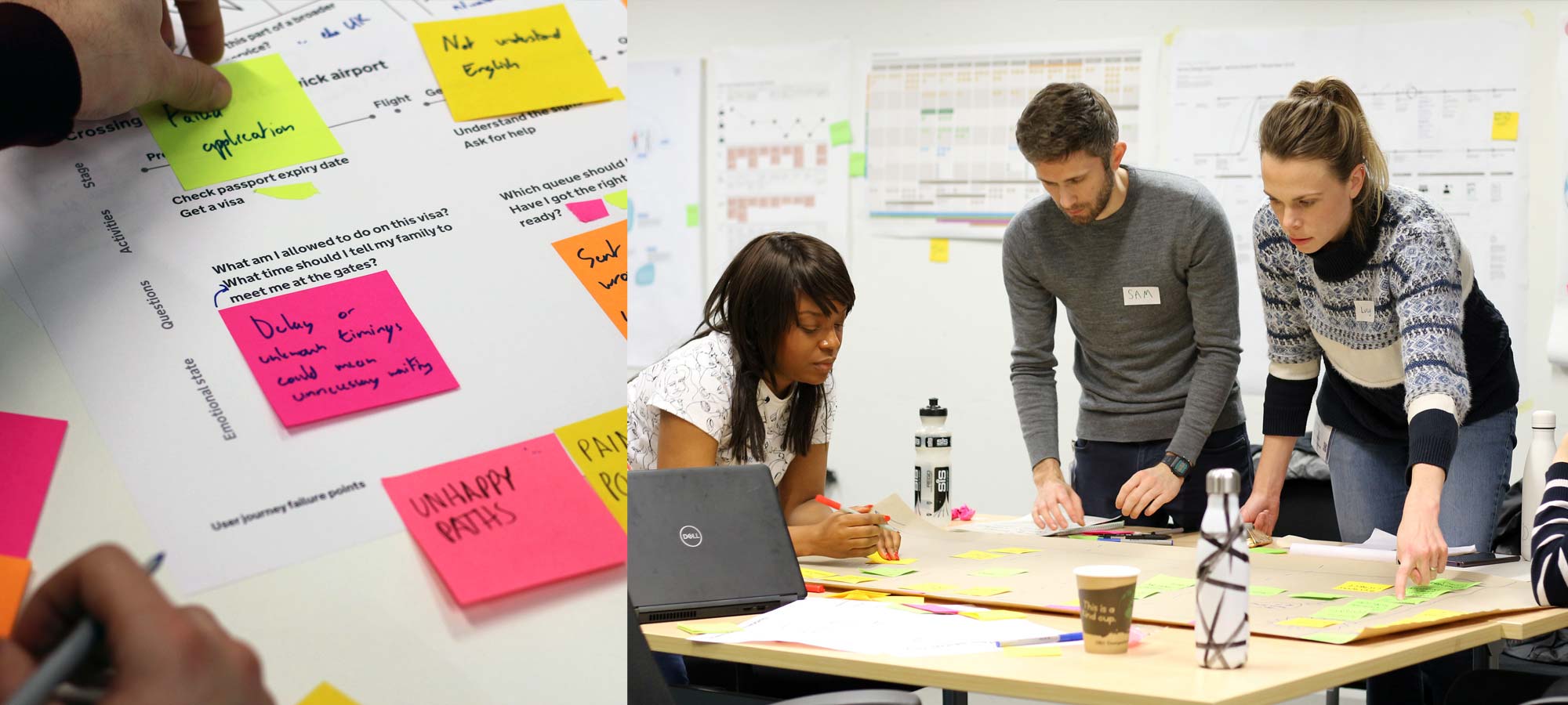 People analysing a user journey, identifying pain points for the users and waste in the service during a service design training course using sticky notes